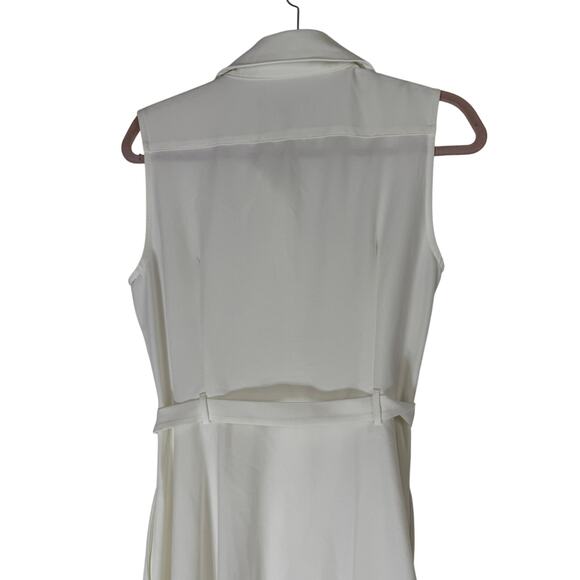 Sharagano Ivory Collared Sleeveless Tie Waist Solid A-line Rayon Dress Size 10 - Picture 6 of 10